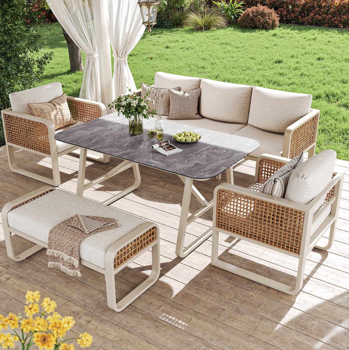 DESMIU Loungeset 6-7 Personen - Modulaire Tuinset Met Bijzettafel En Wasbare Kussens - Voor Terras, Balkon En Tuin - PE-Rattan Beige