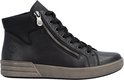 Zwarte leren hoge sneaker met rits en vetersluiting, grijze zool.