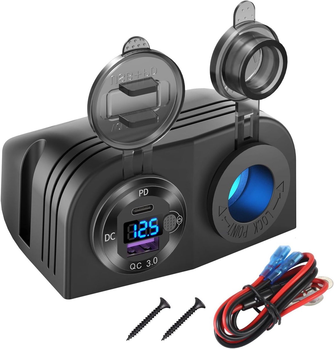 Thijox - Tentype Panel 12V USB-stopcontact Verlichte Sigarettenaansteker Socket - PD3.0 & QC3.0 Auto USB-Laadpoort Aluminium Lader met LED Voltmeter &