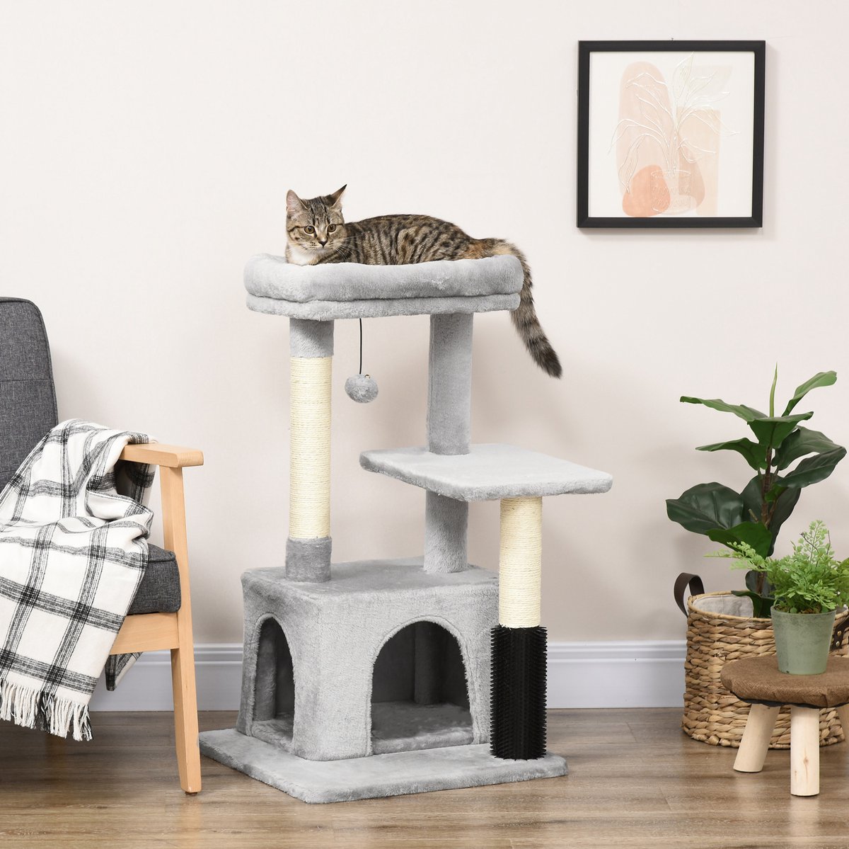 HAUSS SPOLE Krabpaal - Wasbaar Kattenbed En Kattenhuis - 48 x 48 x 85 cm - Spaanplaat, Sisal En Pluche - Lichtgrijs - Voor Krabben, Rusten En Spelen