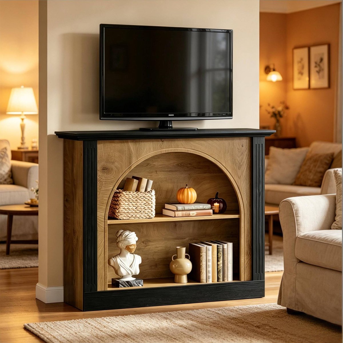 FloraGrace Sidetable - Drielaags Opbergontwerp Met Halfopen Vakken - Voor Hal, Woonkamer Of TV-Hoek - Hout - 110x30x90 Cm - Zwart Rustiek