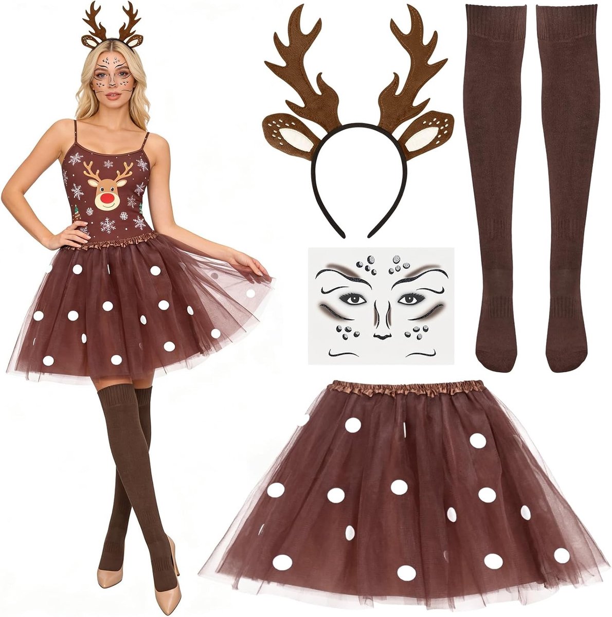 Carnaval Kostuum voor Dames, 4-delige Set met Tulle Rok, Sokken, Hert Antlers en Haarband voor Themafeesten en Kerstmis