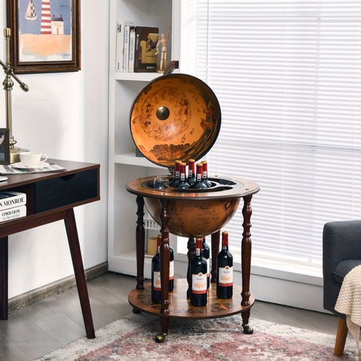 Globe Wijnbar – Wijnkast – Wijnrek – Wijnkar – Bijzettafel – Mobiel Met Wieltjes – Antiek Italiaans Design – Massief Hout & MDF
