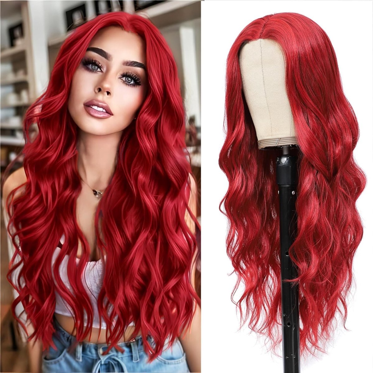 Langere Rood Curly Perucque voor Vrouwen - Hittebestendige Synthetische Cosplay Haarstuk voor Halloween en Feestkleding met 1 Perukenkap