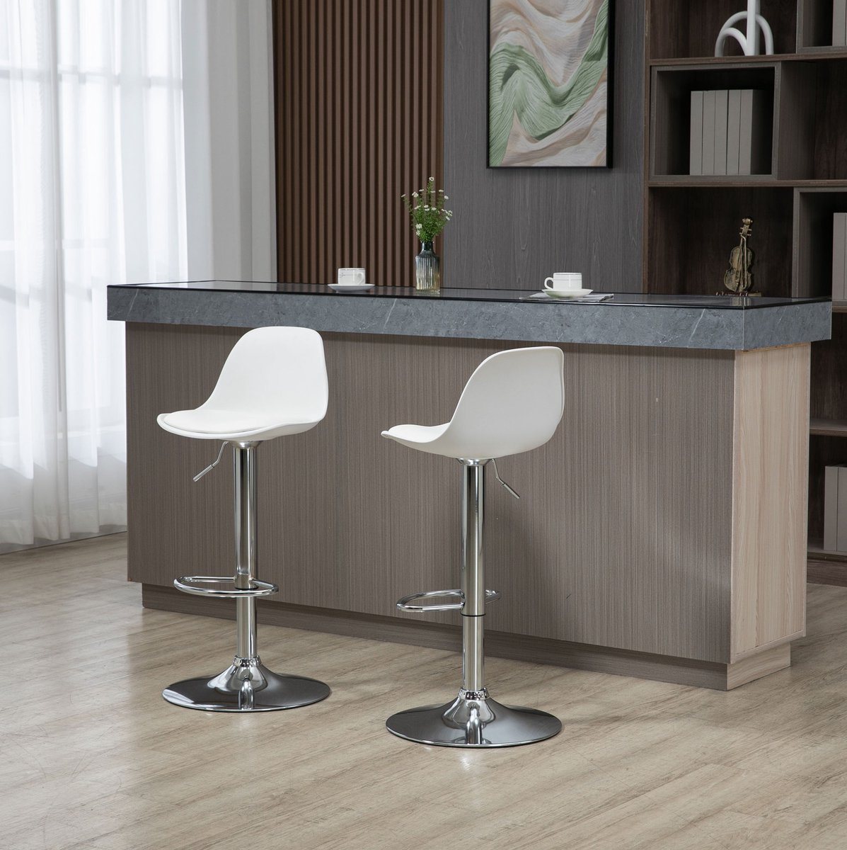 MEUNIQ set van 2 barhockers draaibaar en hoogte verstelbaar met rugleuning en voetensteun voor keuken of bartafel wit kunstleer en stalen onderstel 42 x 38 x 82-104 cm