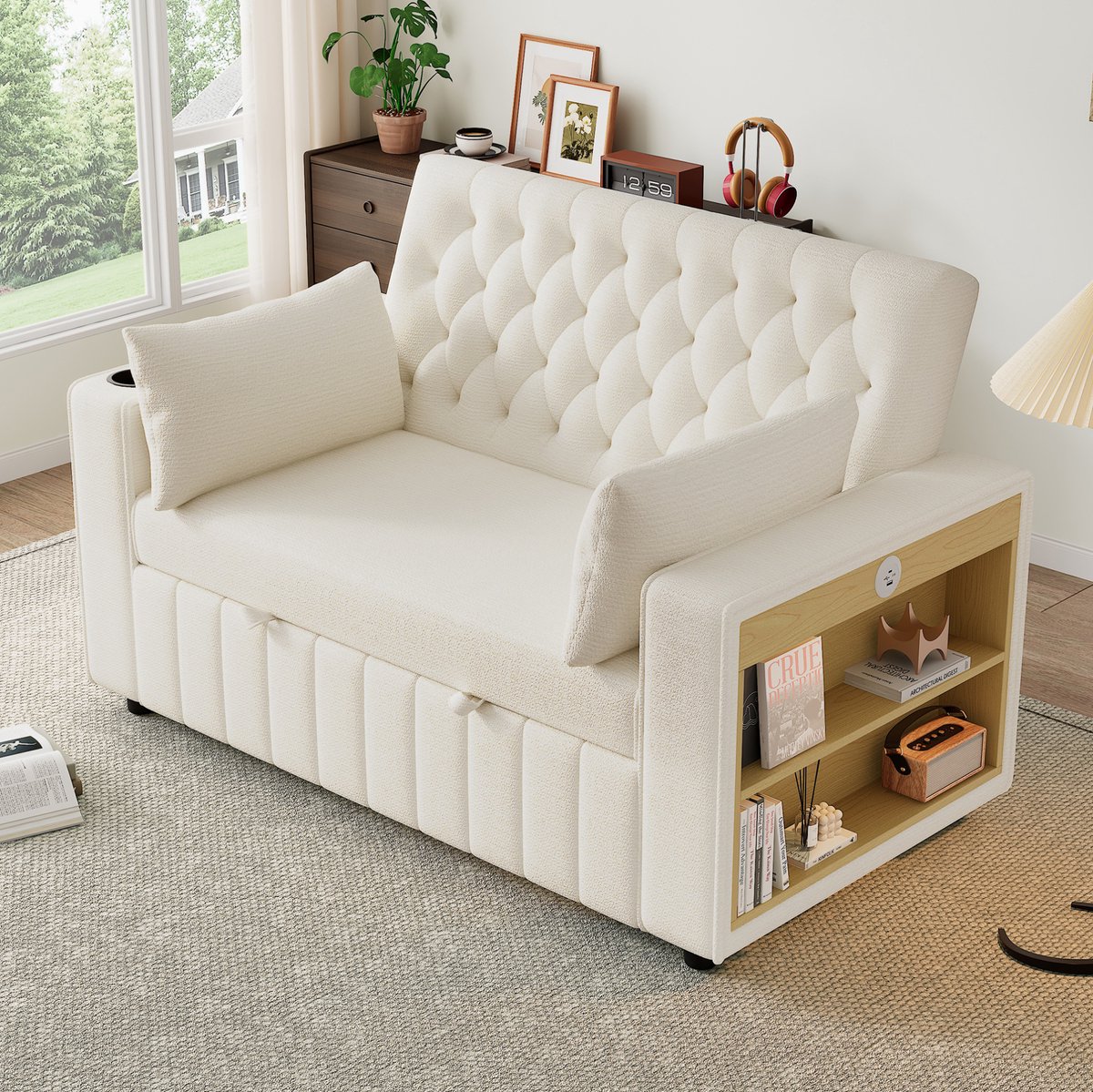HAUSS SPOLE Slaapbank - 2-Zits Bank Met Slaapfunctie, USB, Bekerhouder En Opbergruimte - Voor Woonkamer En Logeerkamer - Chenille Beige