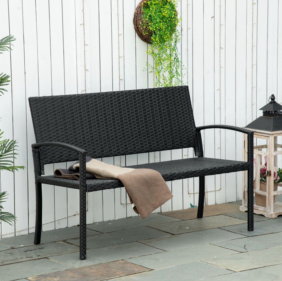 MEUNIQ 2-zits tuinbank 122 x 60 x 85 cm van polyrattan met stalen frame en rugleuning, zwart, voor tuin, terras of balkon