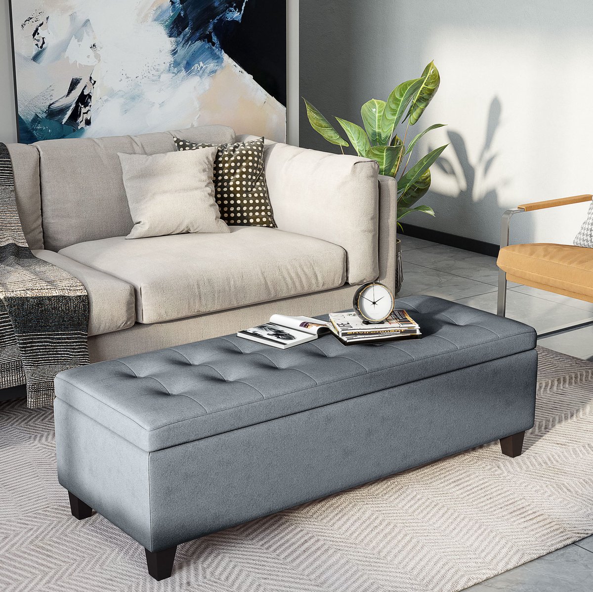 MEUNIQ opbergbank 125 x 49 x 41,5 cm met deksel en opbergruimte, gestoffeerde zitbank met knopen, polyester bankje voor woonkamer of slaapkamer, grijs