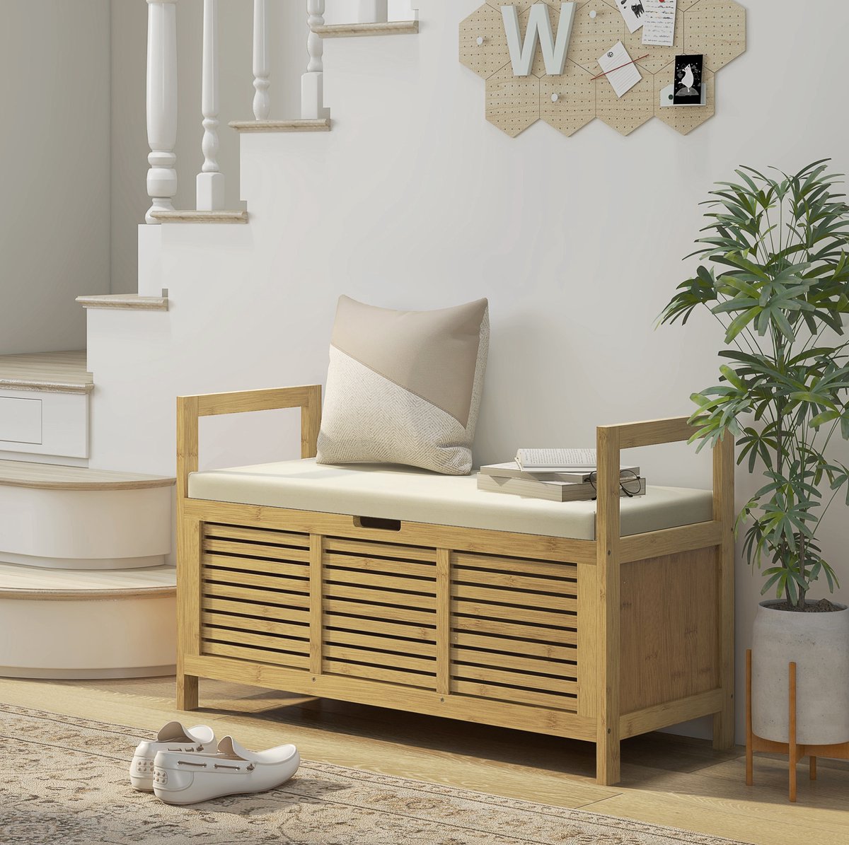 MEUNIQ schoenenbank van bamboe 100 x 40 x 60 cm met klepdeksel, opbergruimte, schoenenrek, zitkussen en armleuningen voor hal of entree in naturel