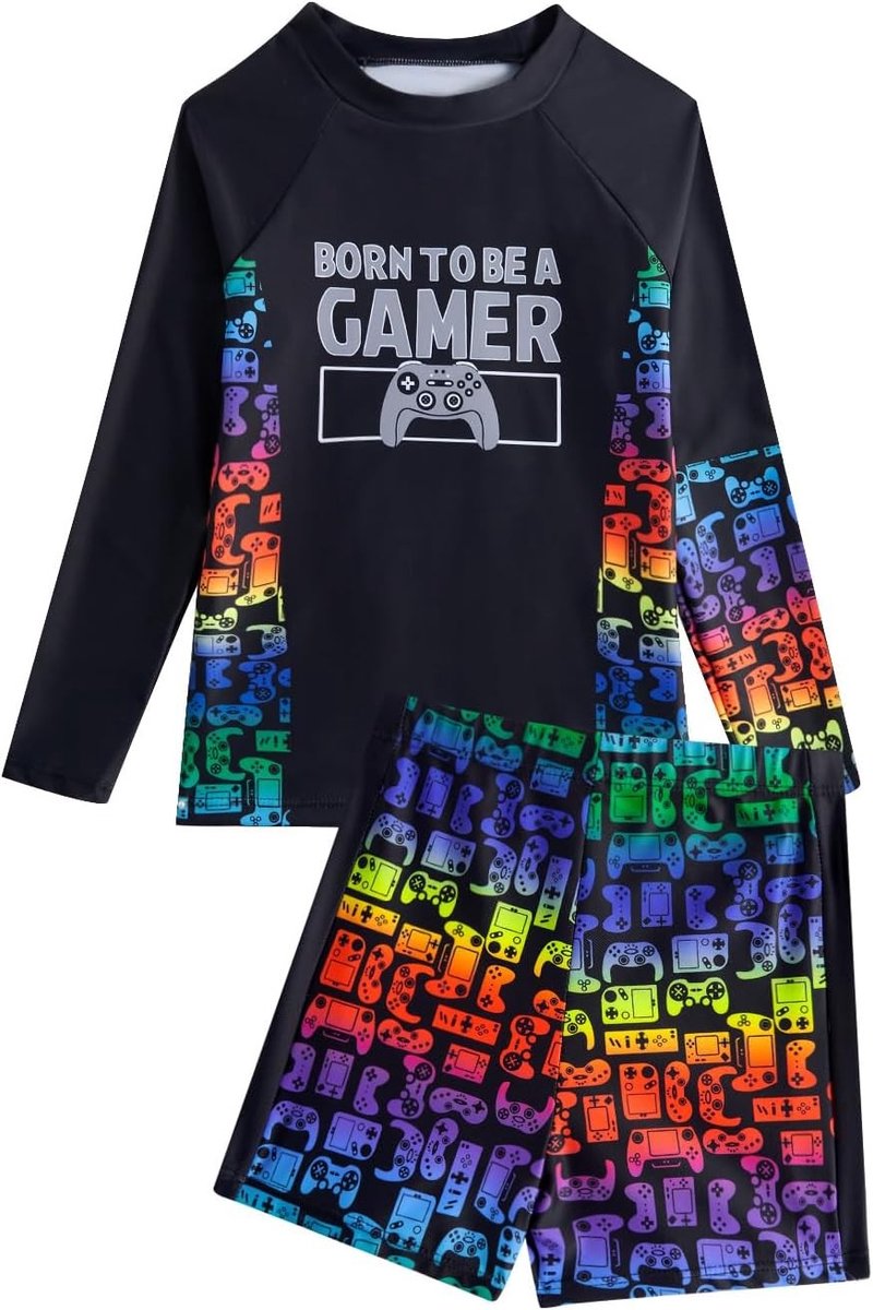 2-delig jongens zwemset, gaming zwemkostuum met lange mouwen, UV-rashguard en zwemshorts voor jongens van 5-14 jaar, ideaal voor zomerse zwemsessies en watersportactiviteiten