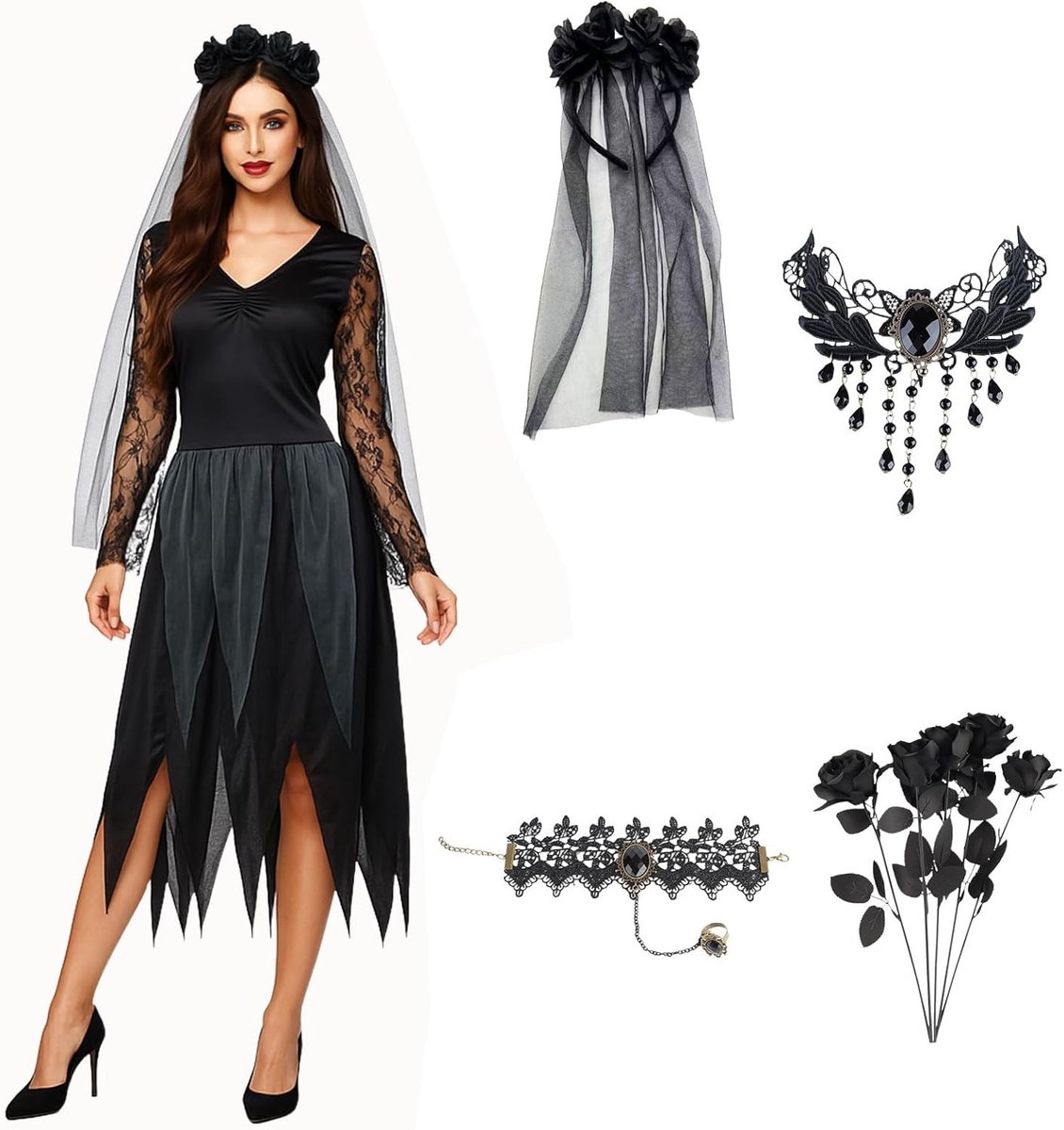 Dames kostuum voor een zombie bruiloft met accessoires en griezelige details