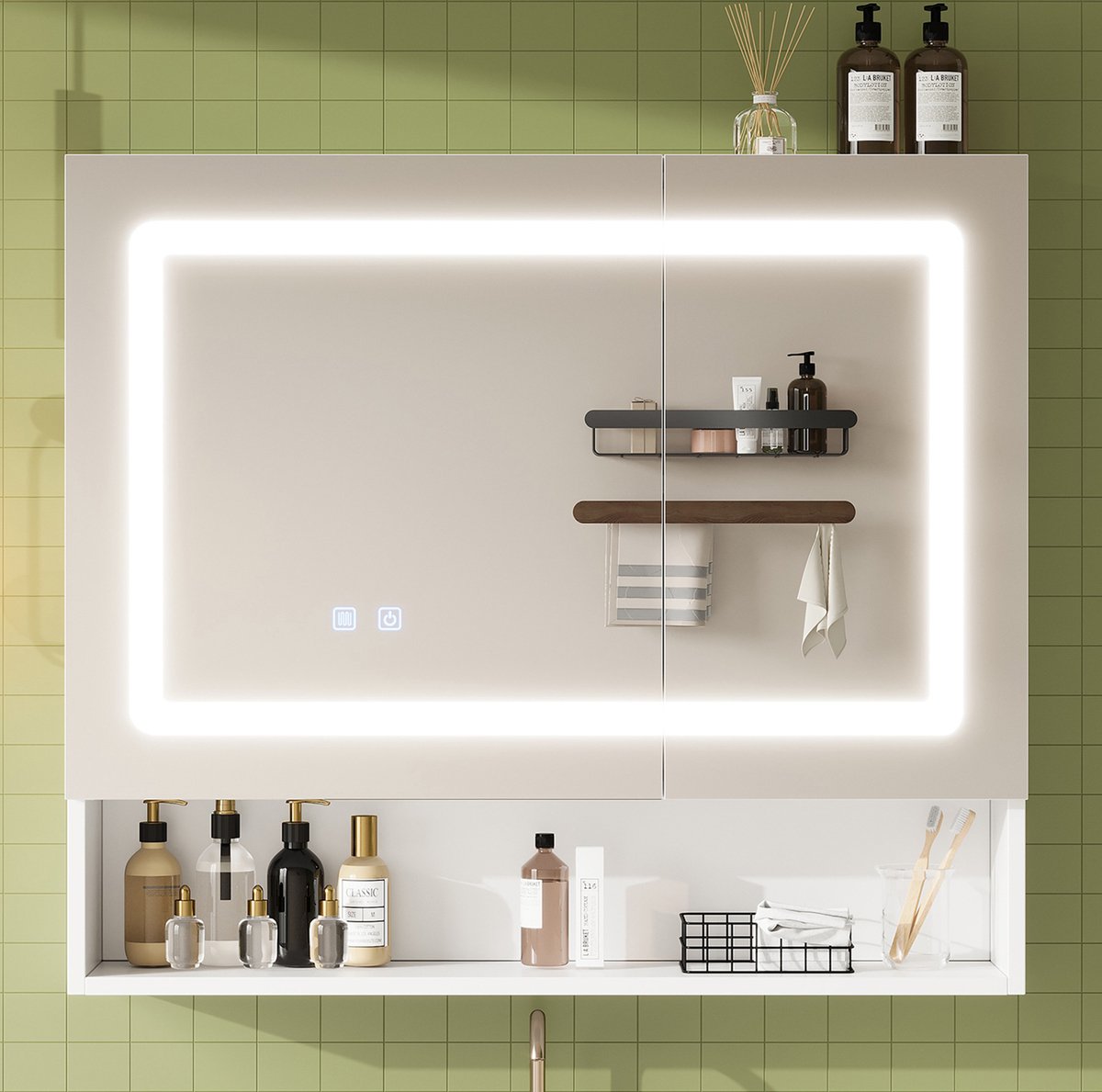 FloraGrace Spiegelkast Voor Badkamer - Dubbele Deur Met Ledverlichting En Ontwaseming - Wandkast Van MDF En Glas - 80 x 17 x 70 cm - Wit