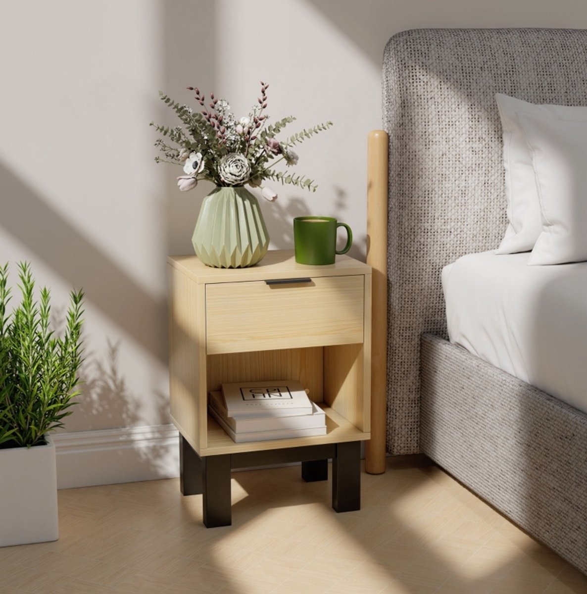 FloraGrace Nachtkastje - Met Lade En Open Vak - Compact Opbergmeubel Voor Slaapkamer En Woonkamer - Spaanplaat - 35x26x50 Cm - Eiken