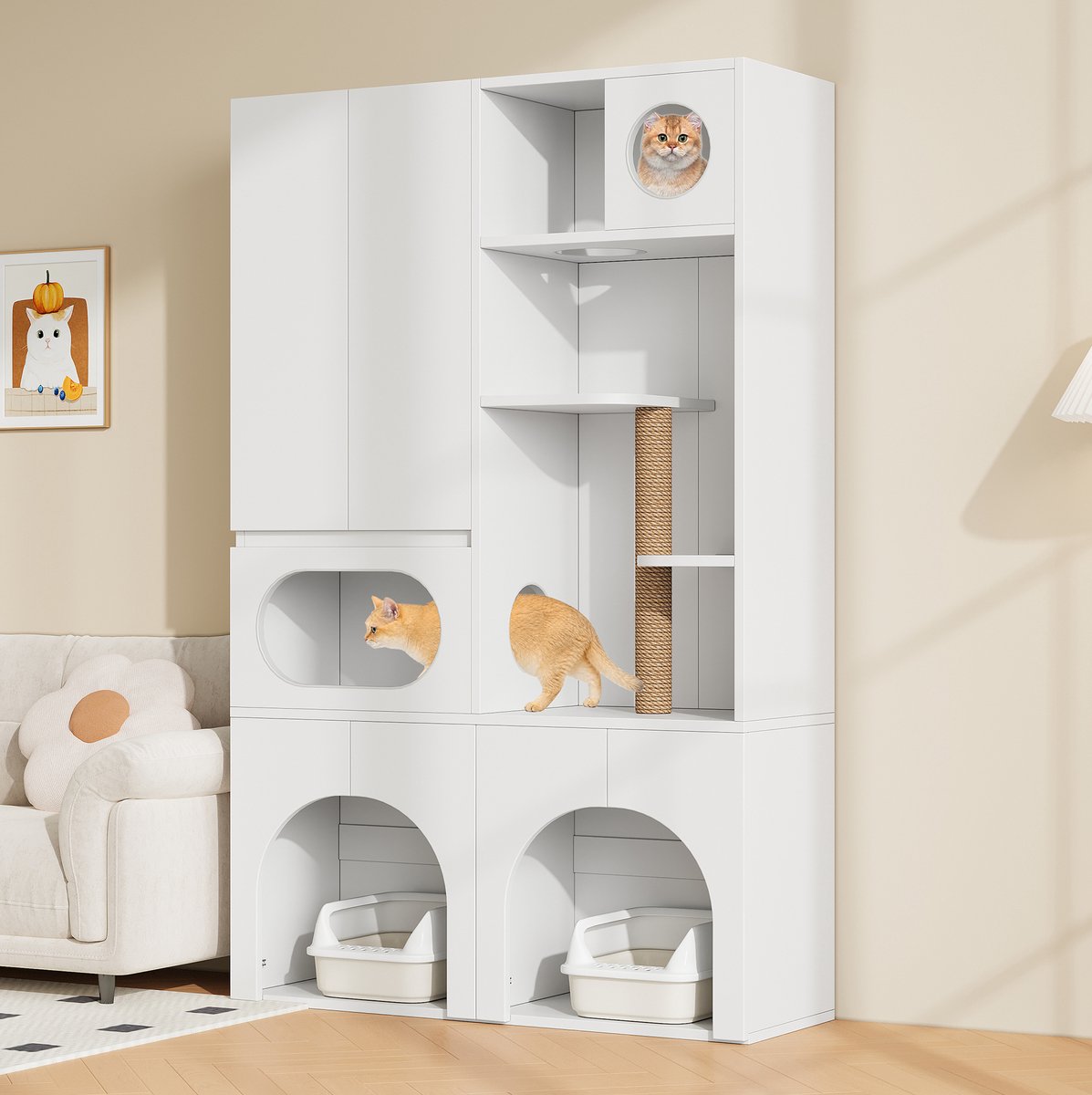 MIVRAY Kattenbakcontainer - Kattenmeubel Met Krabpaal En Opbergruimte - Voor 2 Kattenbakken En Huisdieren - MDF - Wit - 140x45x195 Cm