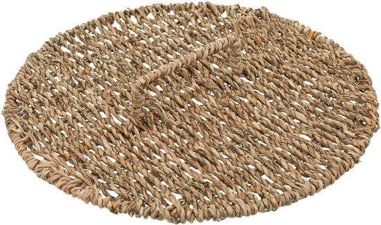 Rond deksel van gevlochten zeegras voor een mand, voorzien van een centrale handgreep.