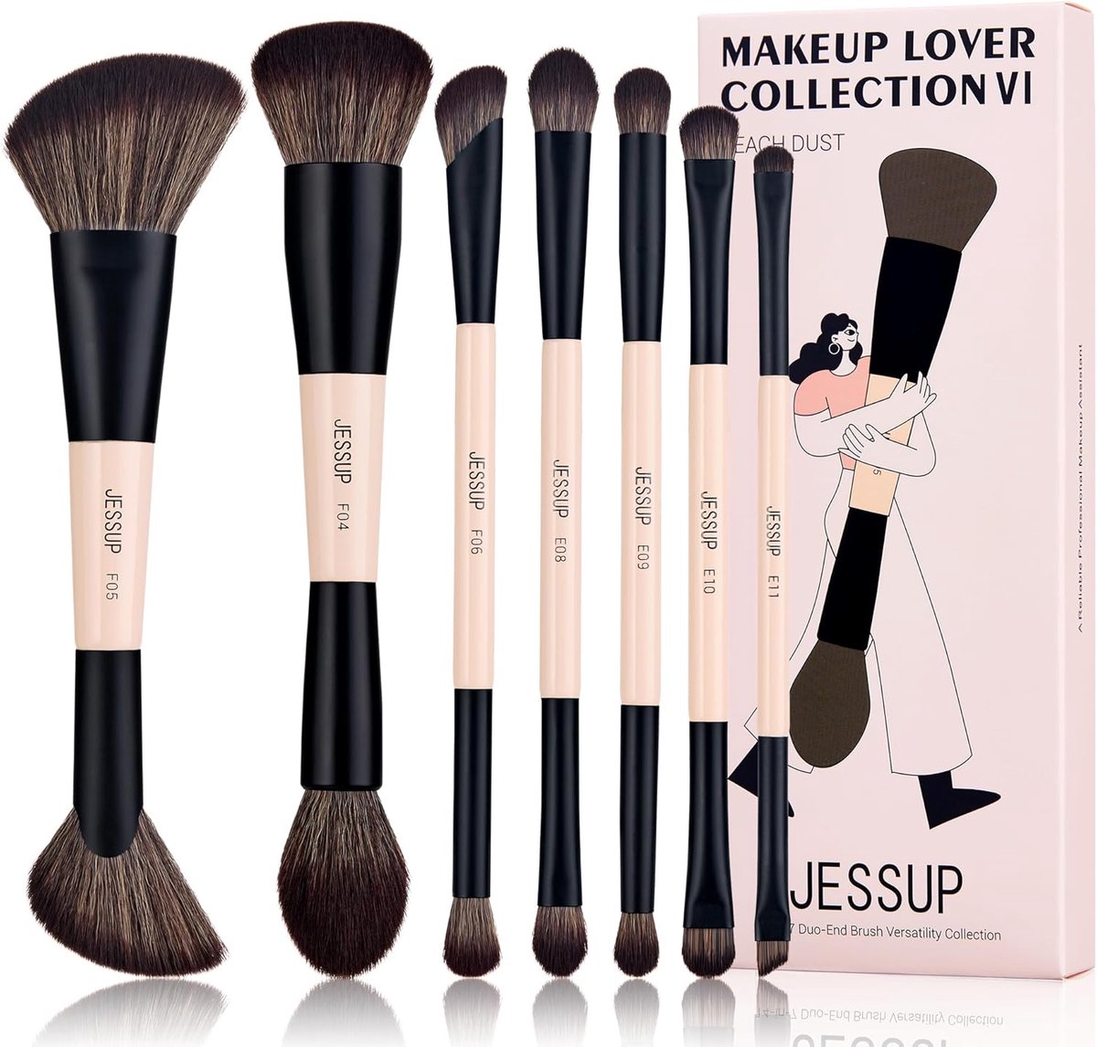 SnelShoppen - 7-delige Dubbelzijdige Make-up Kwastenset voor Fundering, Concealer, Blush, Oogschaduw, Contouren, Bronzer, Poeder, Blending in Peach Du