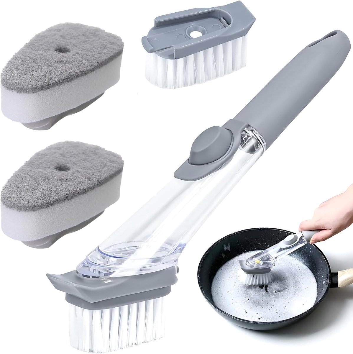 Thijox - Afwasborstel met Afwasmiddeldispenser, Vulbare Keukenborstel met 1 Borstelkop en 2 Verwisselbare Sponskoppen voor Effectieve Pot en Pan Reini