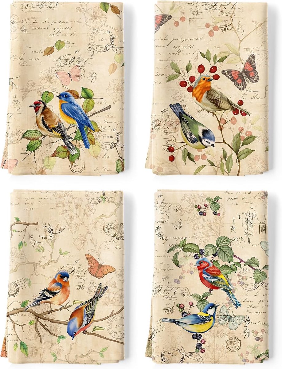 SnelShoppen - Retro Birds Keukenhanddoek Set van 4 - 100% Katoen Sneldrogende Theedoeken 48 x 70 cm - Vaatdoek Handdoeken voor Huiswarming, Dineren, B