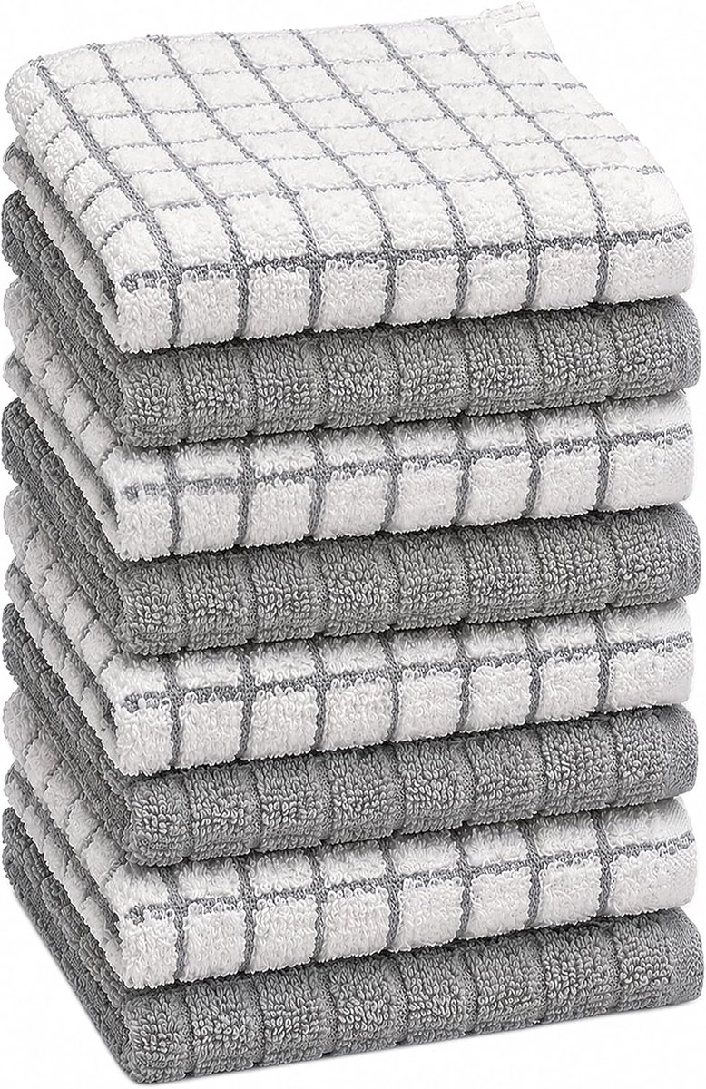 SnelShoppen - Hoogwaardige Katoenen Vaatdoeken Set - 8 Stuks - Grijs Geruit - Zeer Absorberend - Natuurlijk Ringgesponnen Katoen - 30,5 cm x 30,5 cm -