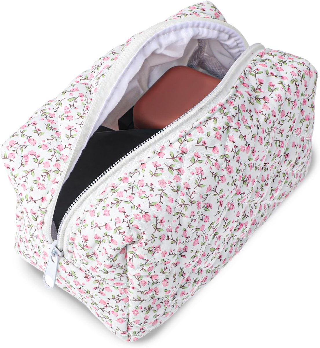 Thijox - Katoenen gewatteerde make-uptas met schattige bloemen, toilettas met grote capaciteit, draagbare organisertas voor op reis, lila en roze
