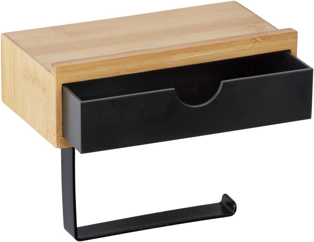 Thijox - Toiletpapierhouder Bamboesa met opbergvak en lade, bamboe en zwart, duurzaam en stijlvol design voor toilet, badkamer, en meer
