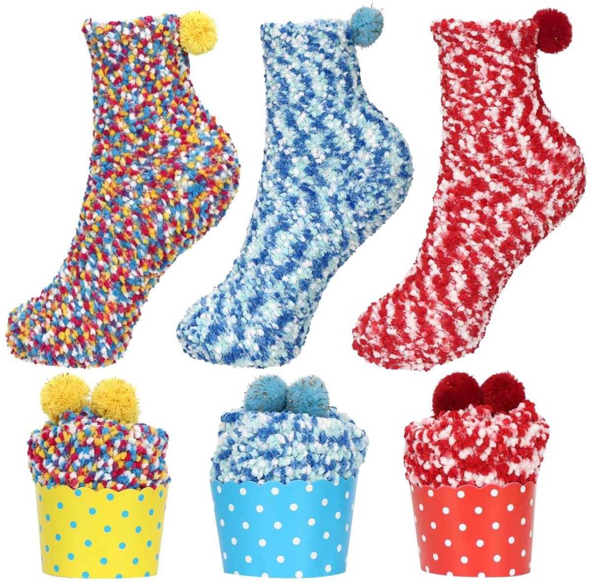 Dailygoods- Kerstsokken 3 Paar - Grappige Cupcake-Sokken - Wintersokken - Damesmaat 37-42 - Creatief Cadeau - Zacht Koraalweefsel