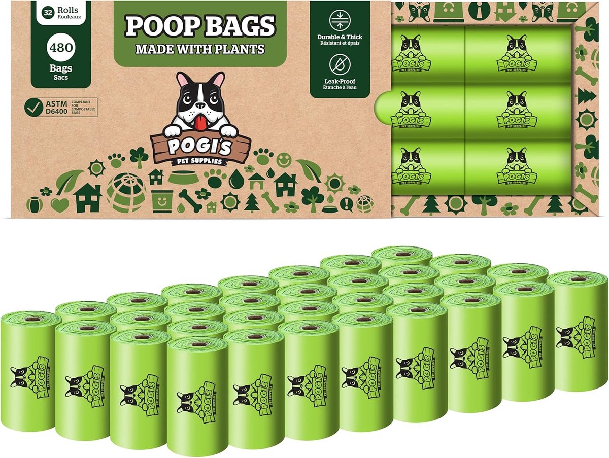 Thijox - Composteerbare Poepzakjes - Geurvrij - 480 Zakjes (32 Rollen) - Sterke en Duurzame Dierenaccessoires voor Honden - Milieuvriendelijk en Handi