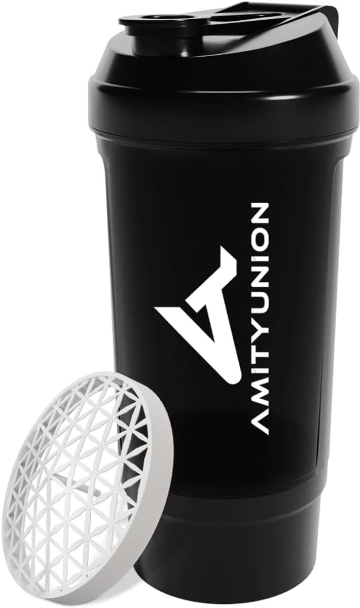 Thijox - Protein Shaker Midnight Black 700 ml FYRA - Lekvrij, BPA-vrij, met Poedervak, Zeef en Schaal voor Romige BCAA-Shakes, Ideaal voor Eiwitshakes