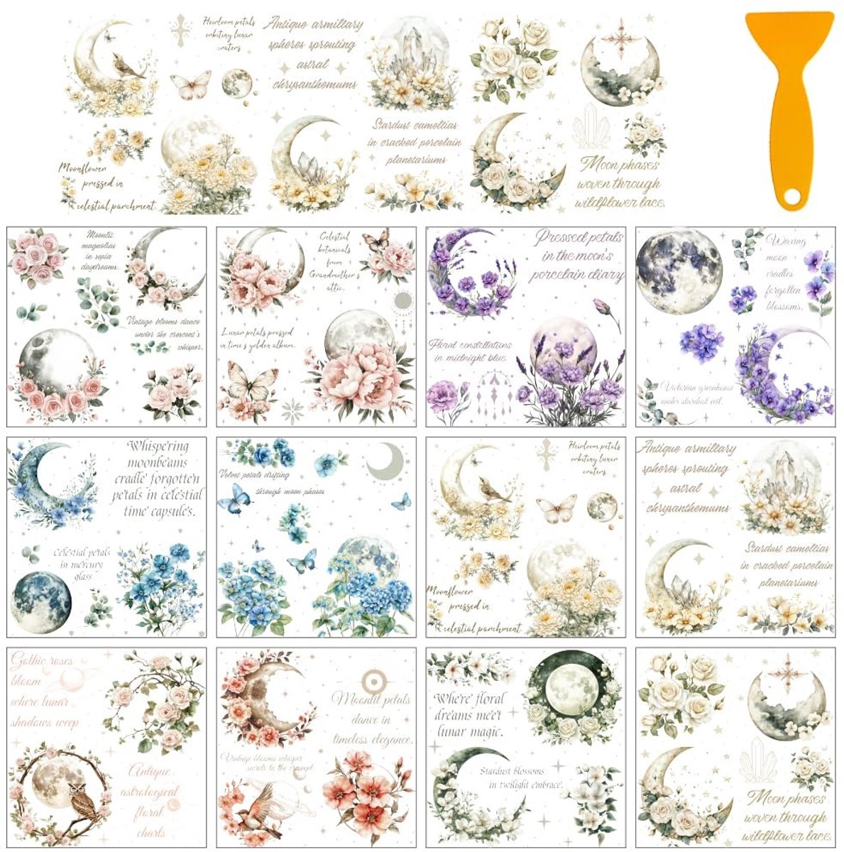 Dailygoods- Transferstickers 12 Vellen - Fantasie/Thema Stickers - Maan/Bloemen Decoratie - Voor Thuis/Klaslokaal - 12 x 13 cm - Hout/Glas/Porselein - Decoratiestickers