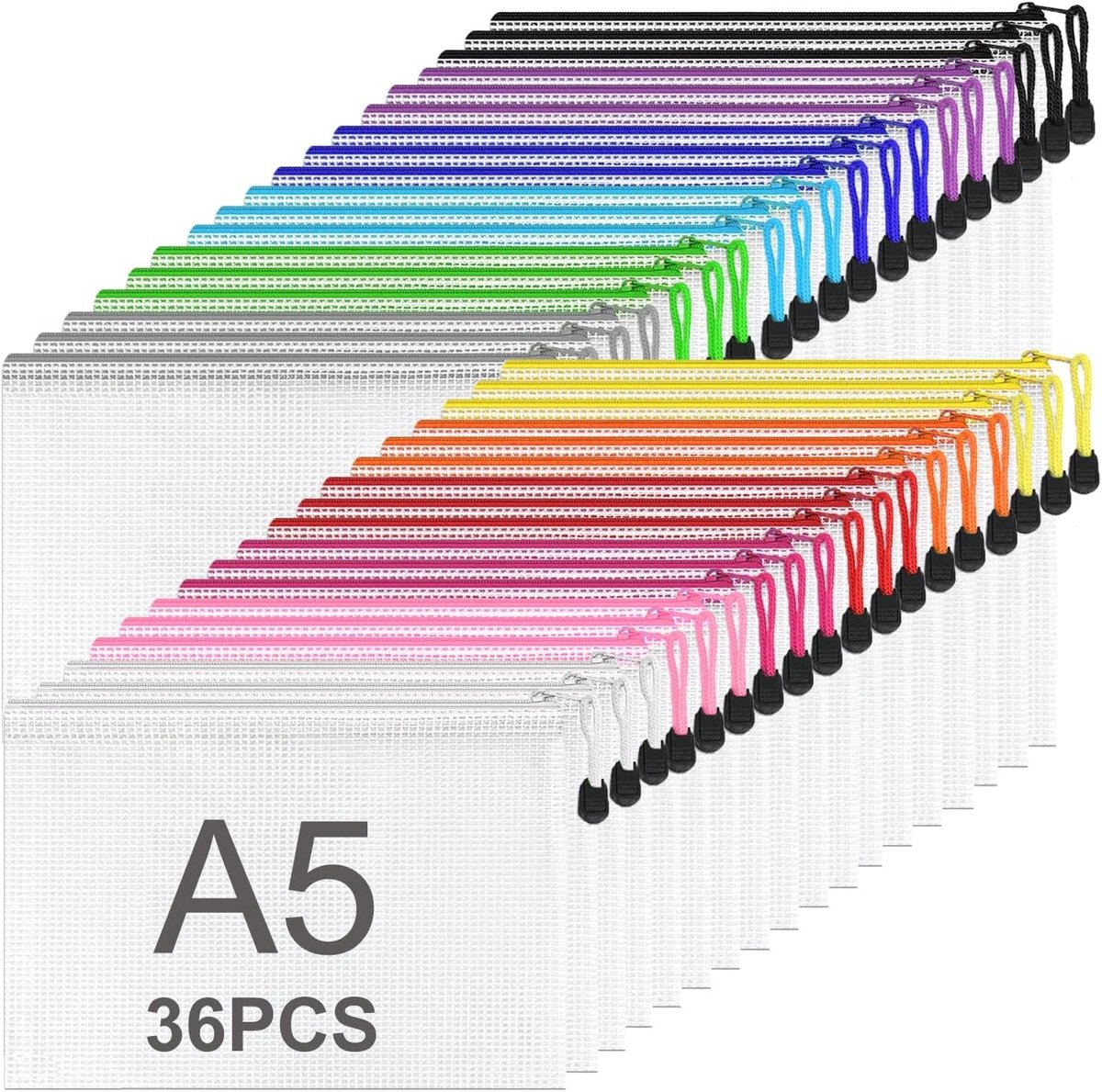 Documentfolder A5 met rits, 36 stuks | Transparante mesh map, labelvak en kleurindeling voor school, kantoor en reizen, 23.5x17cm