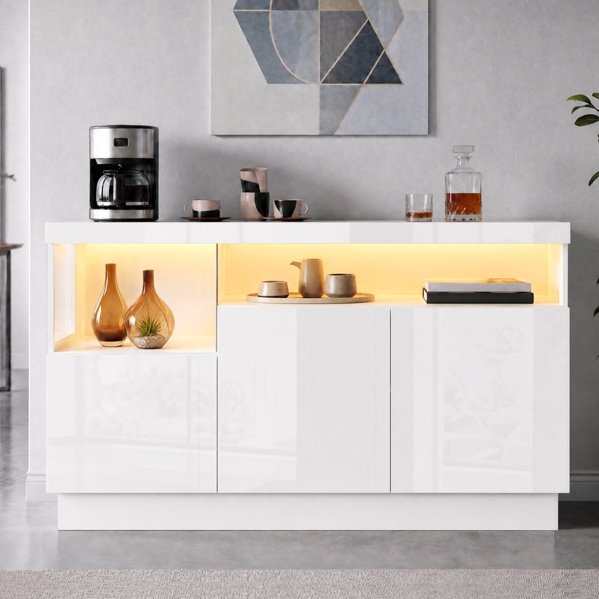 MIVRAY Dressoir - Hoogglans Opbergkast Met App Gestuurde LED En Acryl Vitrinevak - Voor Woonkamer En Eetkamer - Wit - 140x36x80 Cm