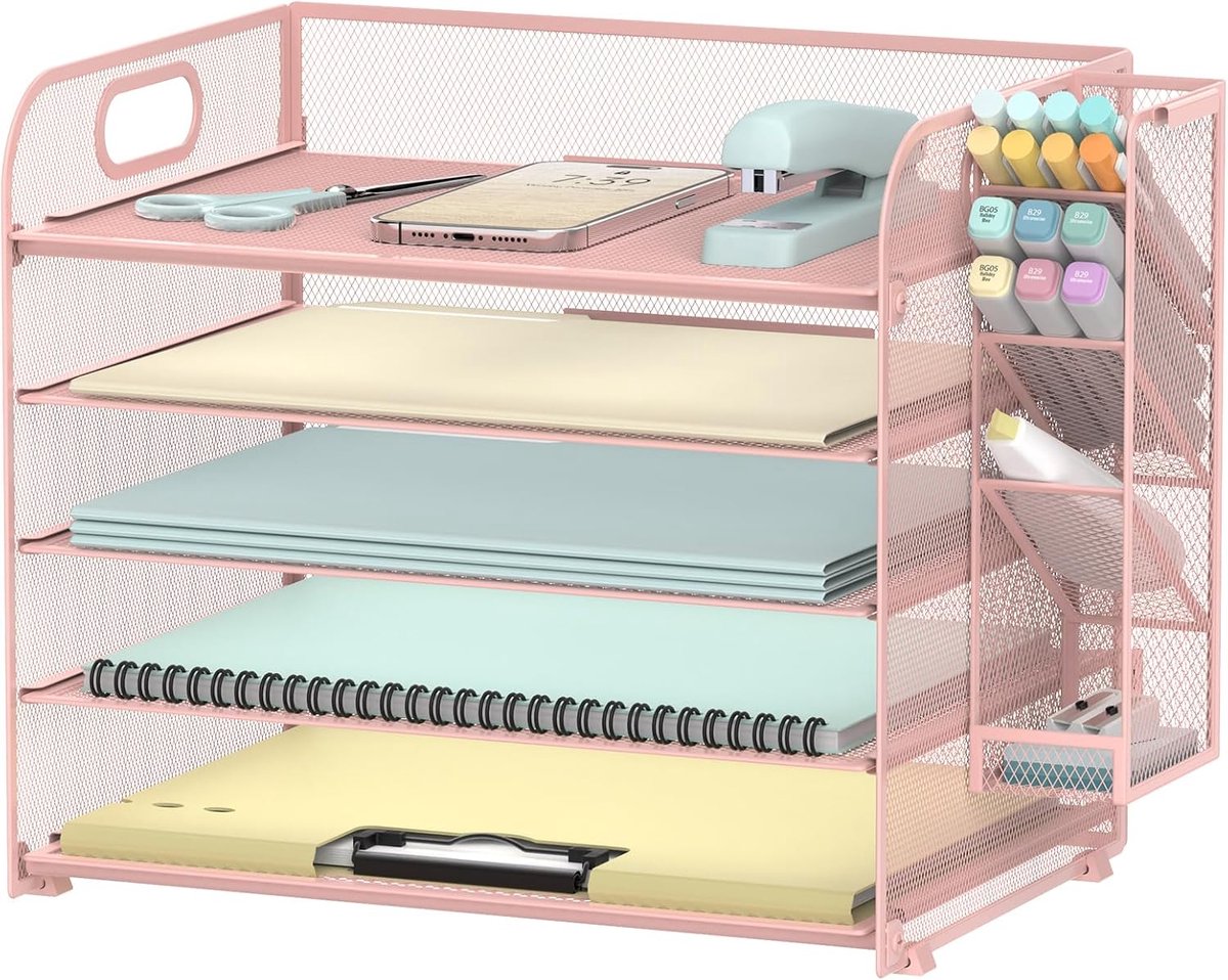 Thijox - Bureau-organizer 5 niveaus met handvat en afneembare pennenhouder, mesh organizer voor documenten, mappen en brieven in lichtroze, ideaal voo
