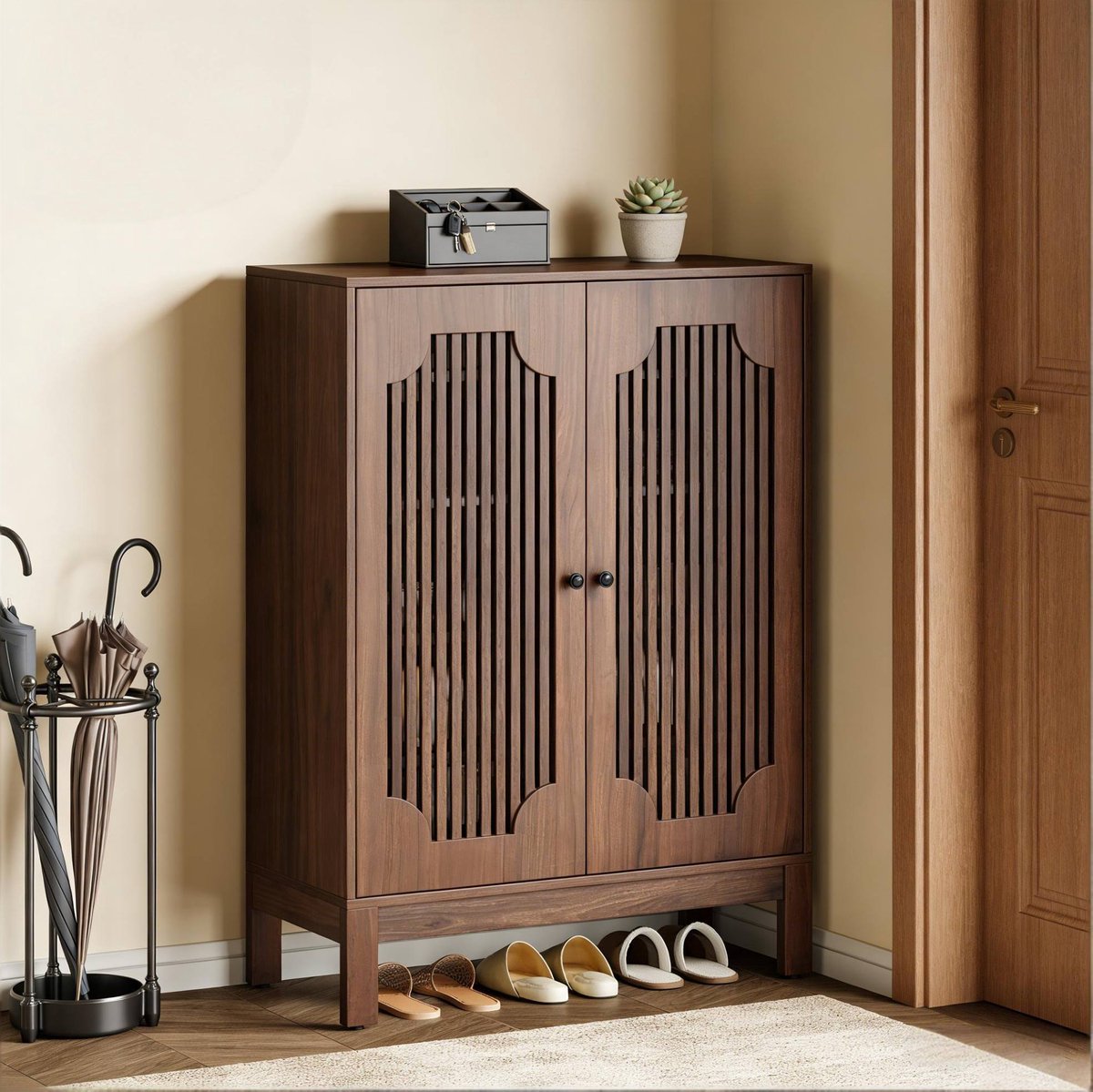 MIVRAY Schoenenkast - Grote Opbergruimte Met 4 Verstelbare Planken En 2 Deuren - Voor Hal En Entree - MDF - 80x35x110 Cm - Rustiek Bruin