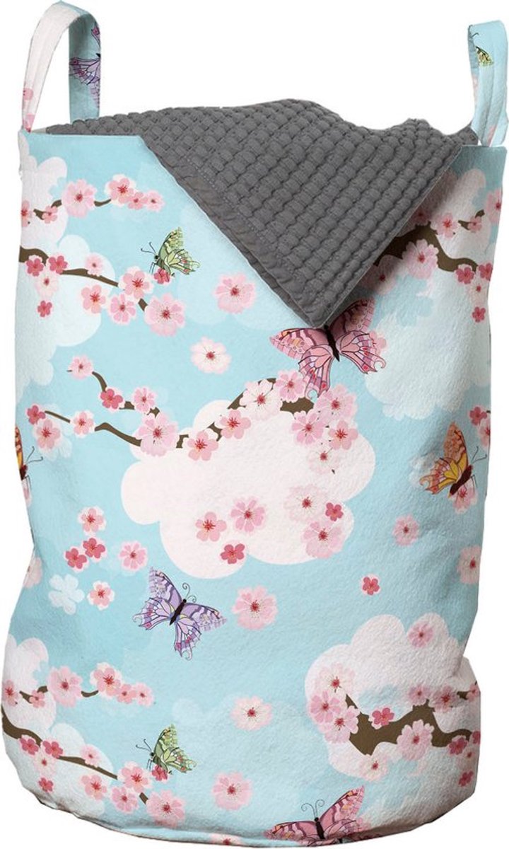 New Bed, Opbergmand met Kersenbloesem en Vlinder design, Sakura Wasmand kinderen met Handvatten en Koordsluiting, Speelgoedmand kinderen - Speelgoedkist - Wasbox - 33 x 48 cm