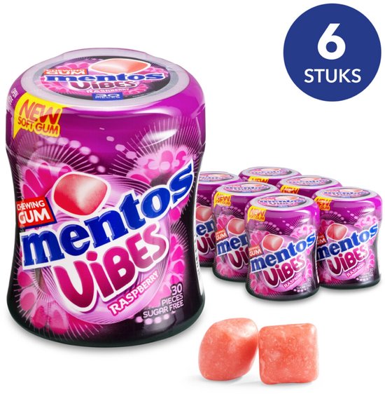 Mentos Vibes Raspberry kauwgom, 6 stuks. Paarse verpakking met roze bloemenmotief en Mentos logo. 30 suikervrije stukjes per verpakking.