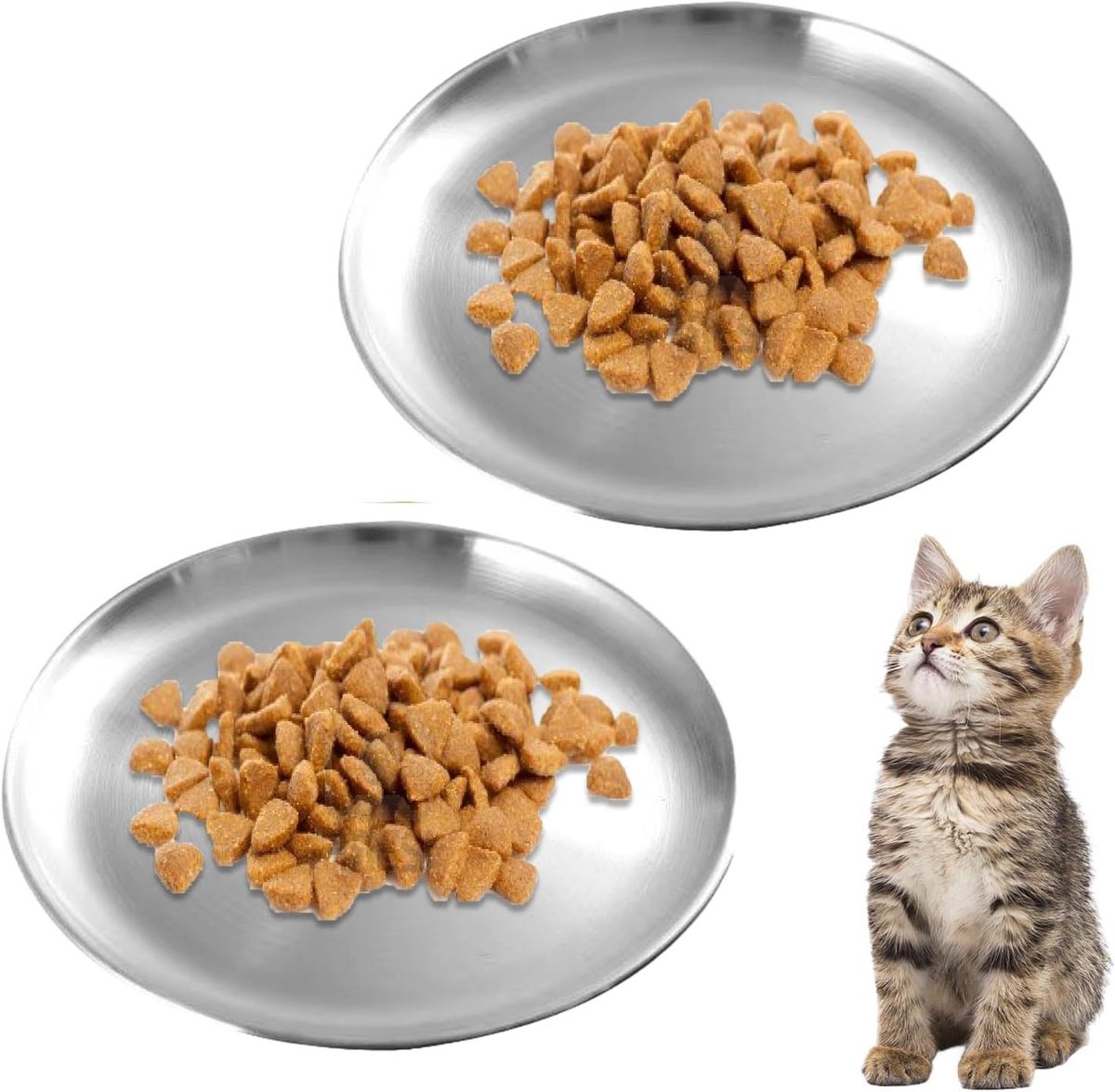 Kattenbakken Plat - Voerbakken Kat - Comfortabel Eten - Snorvriendelijk Design - 2 Stuks 14cm - Roestvrij Staal