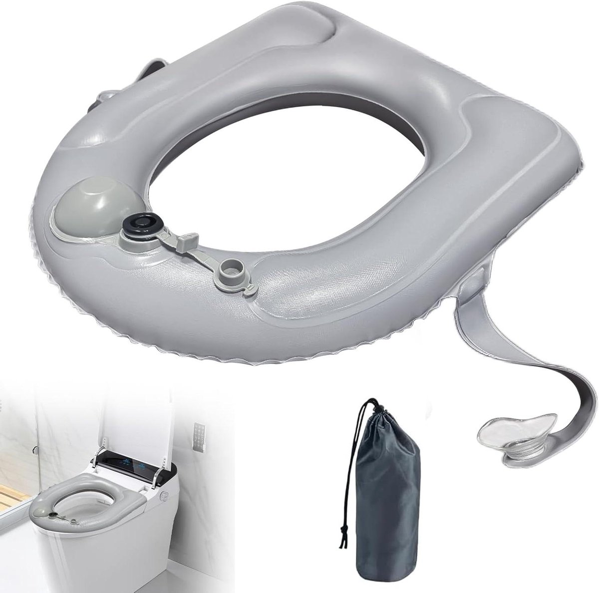 Opblaasbaar toiletkussen - Zitverhoger - Comfortabel zitten - Handmatig opblaasbaar - 8 cm hoog - Grijs