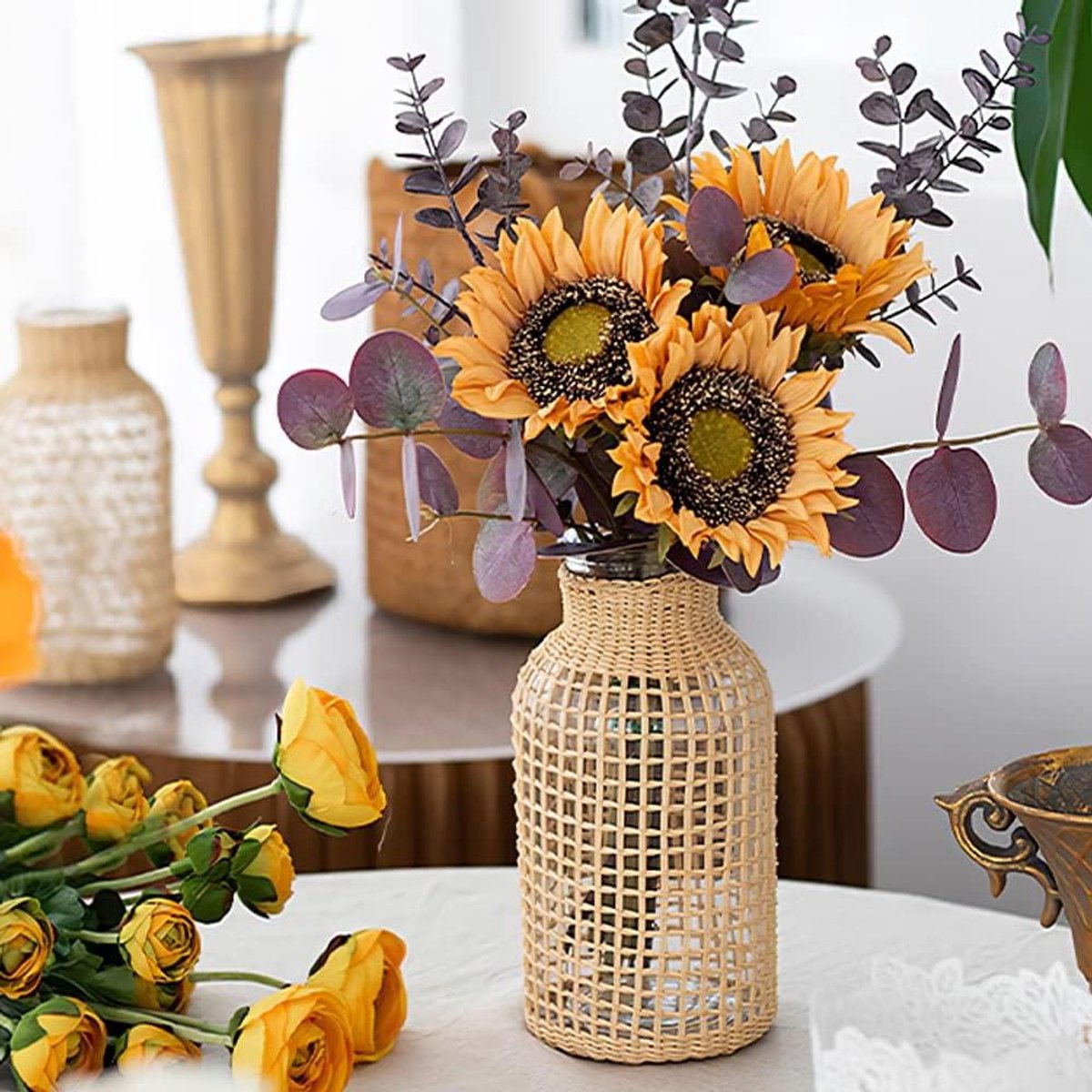 Glazen Vaas - Bloemenhouder Decoratie - Interieur Verfraaien - Rotan en Glas - 5 x 4 x 16 cm - Natuurlijk