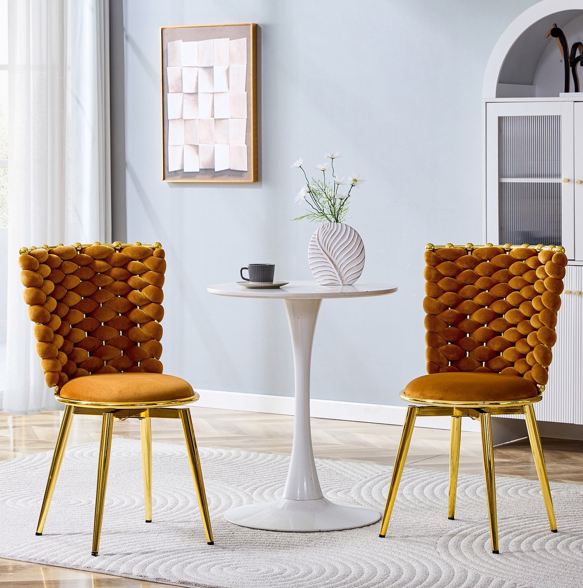 MIVRAY Eetkamerstoel - Set Van 2 - Zachte Velvet Zitting Met Gevlochten Rugleuning - Voor Eetkamer En Woonkamer - Metaal Oranje Goud