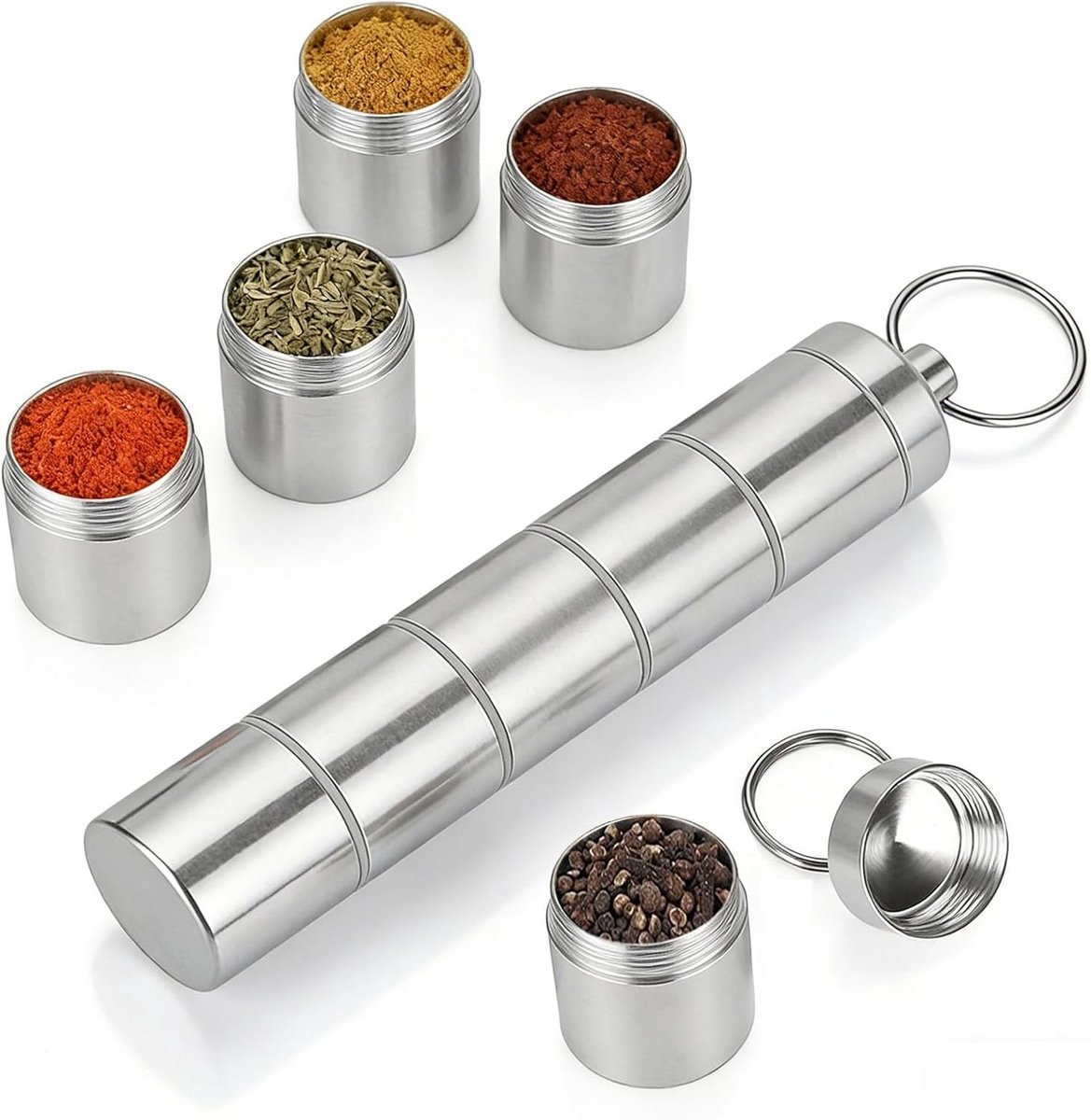 5-in-1 kruidenpotje voor camping en picknick, waterdicht en draagbaar, mini-zoutvaatje van aluminium met 5 vakken, 20 ml capaciteit