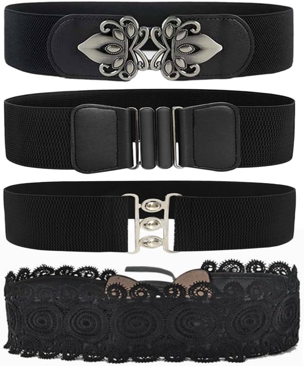 Retro Brede Rekbare Tailleband voor Dames - Vintage Elastische Riem voor Jurken en Casual Kleding, Zwart, 65 cm