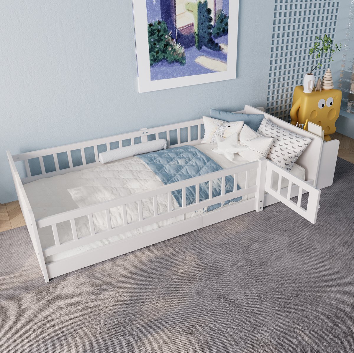 MEUNIQ kinderbed 90 x 200 cm met uitvalbeveiliging, open opbergruimte en openslaand hekje, wit houten bedframe voor de kinderkamer, zonder matras