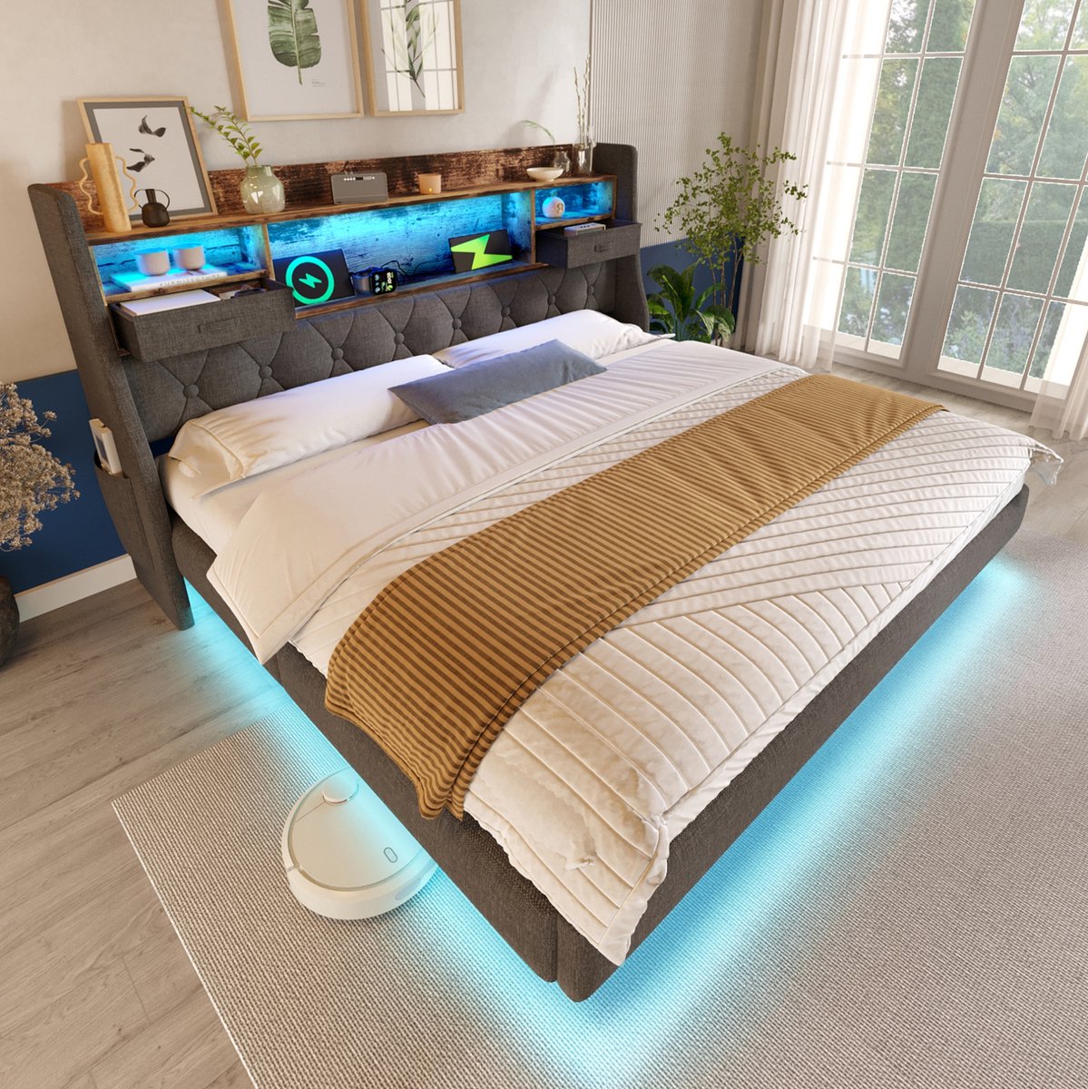 FloraGrace Gestoffeerd Bed 160x200 cm - Met LED-Verlichting en Laadstation - Met Opbergkopstuk en Lattenbodem - Tweepersoons - Stof - Grijs - Zonder Matras