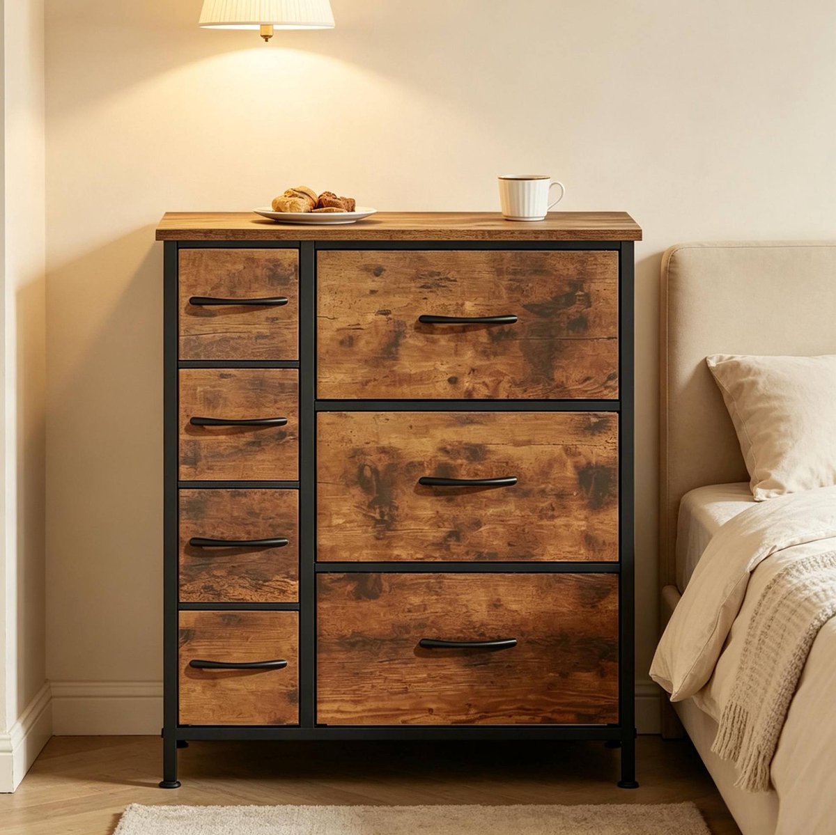 MIVRAY Dressoir - Vintage Opbergkast Met 7 Lades - Vrijstaand Voor Slaapkamer, Woonkamer En Hal - Hout, Metaal En Stof - 63,5x30x73 Cm - Rustiek Bruin Zwart