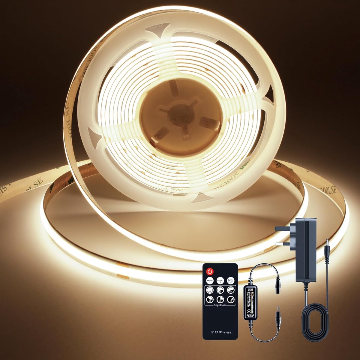 Thijox - COB LED Strip 2m Warmwit 3000K Dimbare 24V Verlichting met Afstandsbediening, 480 LEDs/M, 8mm Breed voor Slaapkamer, Keuken en Interieur Deco