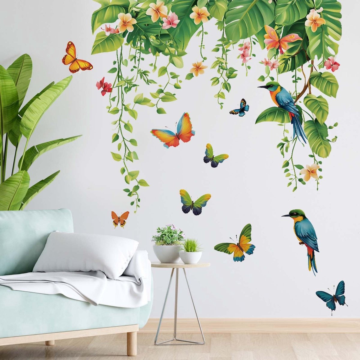 Dailygoods - Muursticker bladeren planten muursticker opknoping groene tropische bladeren bloemen vogels vlinders wanddecoratie voor woonkamer slaapkamer sofa achtergrond
