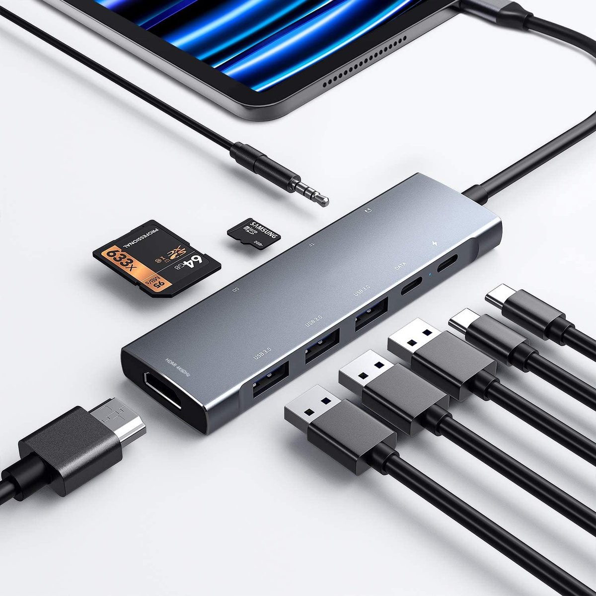 Thijox - USB C HUB voor iPad Pro 9-in-1 Adapter M4 M2 M1 13 12.9 11 inch iPad Air Docking Station met 4K HDMI, USB-C PD, SD/TF-kaartlezer, USB 3.0, 3.