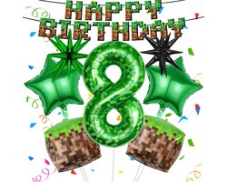 SnelShoppen - Pixel Verjaardag Decoratie Set met Happy Birthday Banner, Folie Ballonnen, Sterren en Cijfers voor Feestversiering, Kinderen, Gaming The