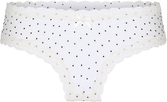 Slip brésilien blanc à pois noirs, bordures en dentelle et un nœud.