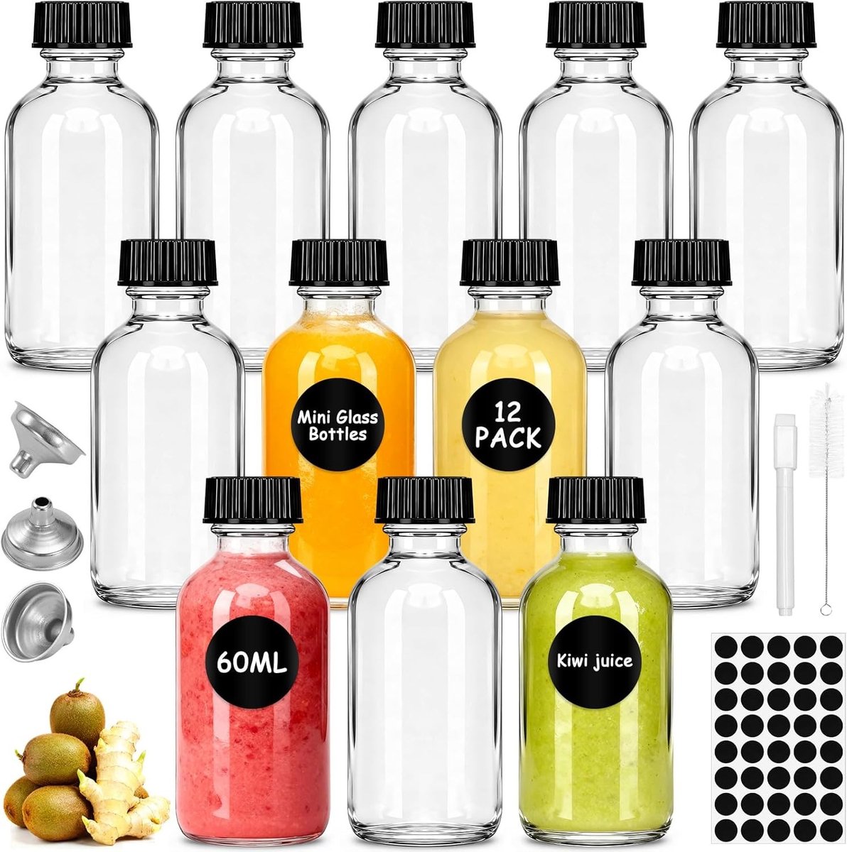 Kleine 60ml Shotglas Flesjes met Afsluitdeksel, 3 RVS Trechters, Labels en Schoonmaakborstel voor het Vullen van Essentiële Olie, Whisky en Sap